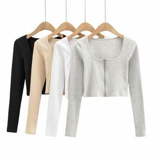 Long-sleeve Zip Cropped Knit Top