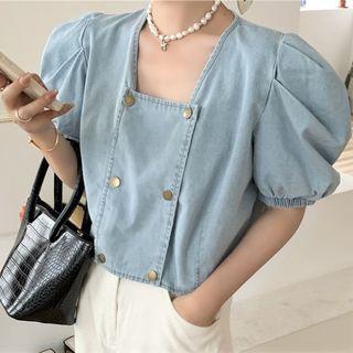 Puff-sleeve Square-neck Denim Blouse