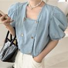 Puff-sleeve Square-neck Denim Blouse