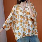 Floral Print V-neck Blouse Flower - Yellow - One Size