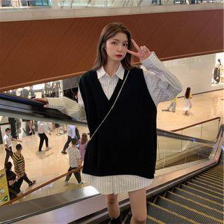 Long-sleeve Striped Shirt / Sweater Vest