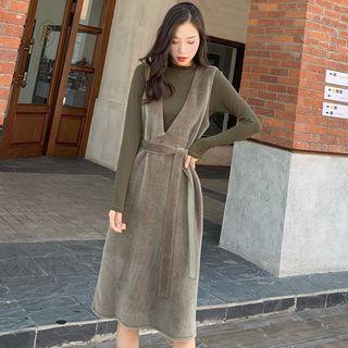 Set: Mock-turtleneck Top + Tie-waist Pinafore Dress