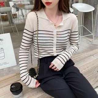 Striped Button-down Light Knit Polo Top
