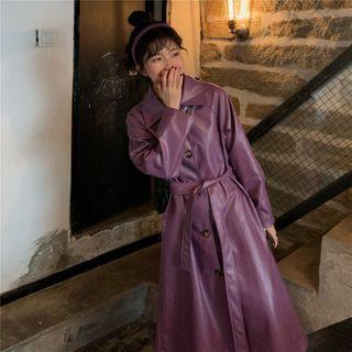 Faux-leather Tie-waist Trench Coat Purple - One Size