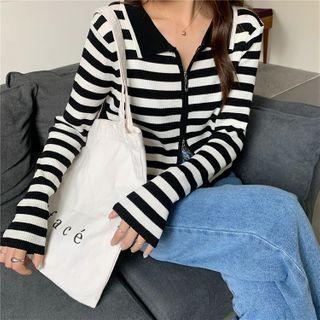 Long-sleeve Striped Zip-up Knit Top