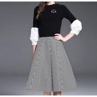 Set: 3/4-sleeve Panel Knit Pullover + A-line Midi Skirt