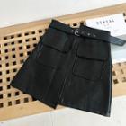 Plain Asymmetric Faux Leather High-waist A-line Skirt With Belt