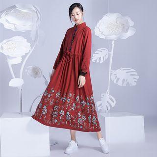 Drawstring Embroidered Long-sleeve Midi Dress