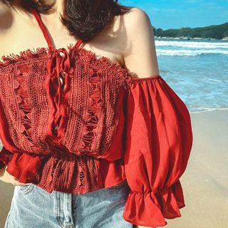 Halter-neck Crochet Lace Peplum Blouse