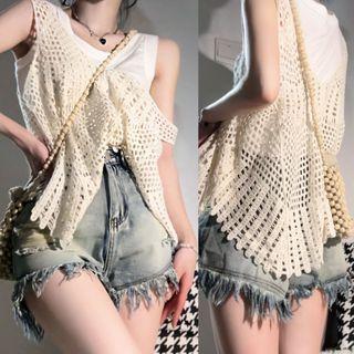 Crochet Knit Tank Top / Fray Hem Denim Shorts / Tank Top