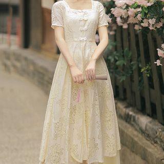 Set: Spaghetti Strap Midi A-line Dress + Short-sleeve Lace Top