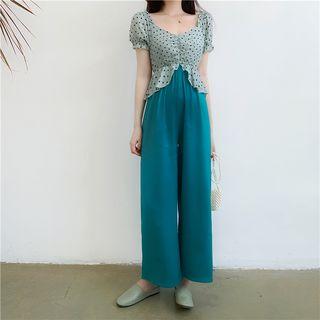 Puff-sleeve Frill Trim Polka Dot Chiffon Top / Plain Wide-leg Pants