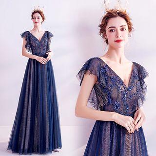 Embroidered V-neck A-line Evening Gown