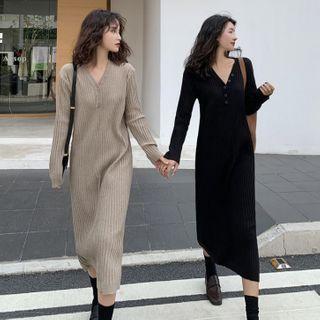 Long-sleeve V-neck Plain Loose-fit Knit Dress
