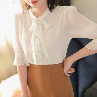 Tie-neck Pleated-sleeve Blouse