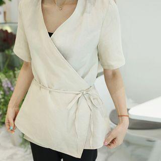 Wrap-front Linen Top With Sash