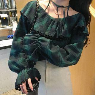Long-sleeve Ruffled-plaid Top