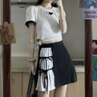 Short-sleeve Ruffle Bow Blouse / Short-sleeve Heart Print T-shirt / Pleated A-line Skirt / Set