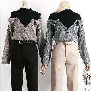 Mock Two Piece Plaid Panel Mock Neck Pullover