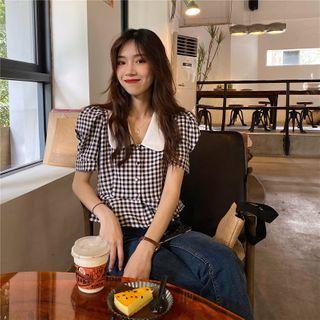 Puff-sleeved Plaid Shirt Black - One Size
