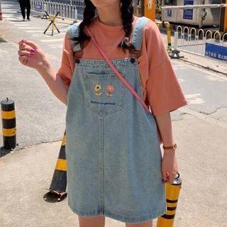 Floral Embroidery Denim Dungaree Dress