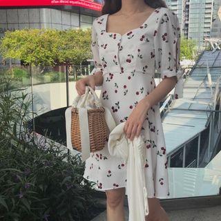 Short-sleeve Cherry Print Mini Dress As Shown In Figure - One Size