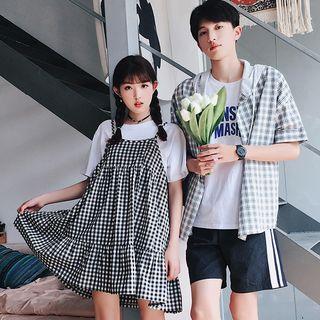 Couple Matching Plaid Short Sleeve Hooded Shirt / Spaghetti Strap Dress