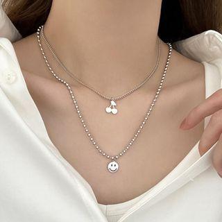 Smiley Cherry Pendant Layered Stainless Steel Necklace Silver - One Size