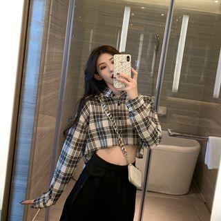 Long-sleeve Plaid Cropped Shirt Black & White - One Size