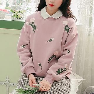 Flower Embroidered Sweatshirt Purple - One Size