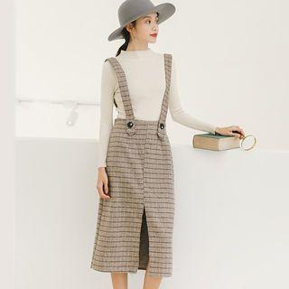 Plaid Split Hem Midi Suspender Skirt