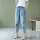 Embroidered Washed Cropped Straight Leg Jeans