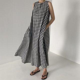 Gingham Sleeveless Maxi A-line Dress Gingham - Black & White - One Size