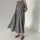 Gingham Sleeveless Maxi A-line Dress Gingham - Black & White - One Size