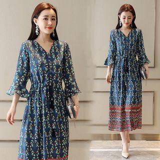 Print 3/4-sleeve A-line Midi Chiffon Dress