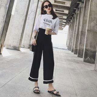 Set: Elbow-sleeve Letter T-shirt + Wide-leg Cropped Pants