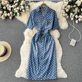 Short-sleeve Dotted Denim Midi A-line Dress