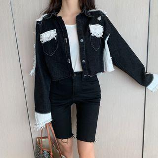 Color Block Frayed Cropped Denim Jacket