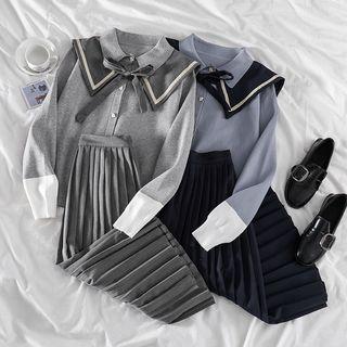 Color-block Long-sleeve Knit Top / Striped Shawl / Pleated Skirt