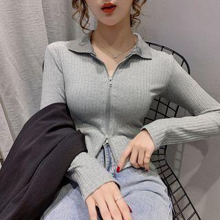 Collared Zip-up Long-sleeve Top