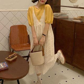 Set: Short-sleeve Plain Mini Dress + Spaghetti Strap Lace Midi Dress