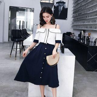 Set: Off Shoulder Elbow-sleeve Blouse + Midi Skirt