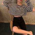 Striped Cutout Long-sleeve Cropped T-shirt Stripe - One Size