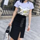 Glitter Short-sleeve T-shirt / Slit Fitted Skirt