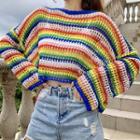 Set: Striped Long-sleeve Knit Top + Plain Camisole Top Multicolor - One Size
