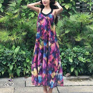 Printed Open Back Midi Halter Dress As Shown In Figure - One Size