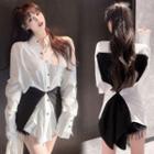 Long-sleeve Paneled Shirt Black & White - One Size