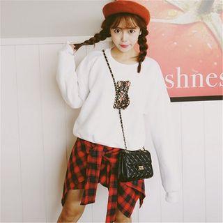 Plaid Panel Beaded Cat Pullover Dress