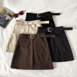 Plain Mock Pocket High-waist A-line Skirt With Belt