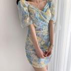 Short-sleeve Floral Printed Ruffled Slim Fit Dress